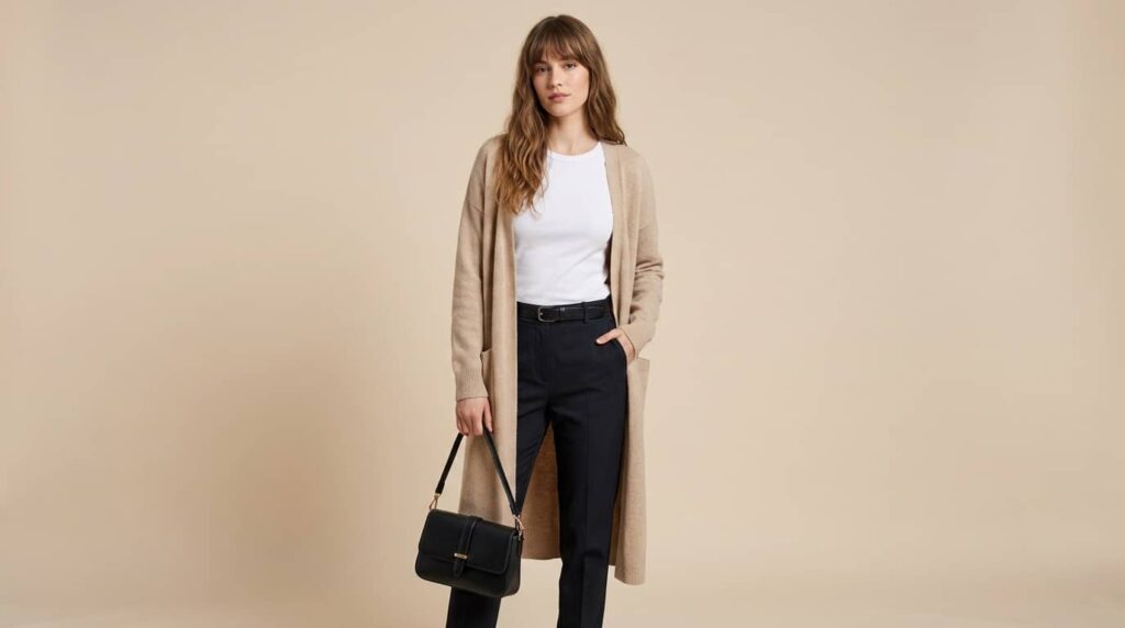 Classy Black Trousers + Comfy Long Cardigan Look