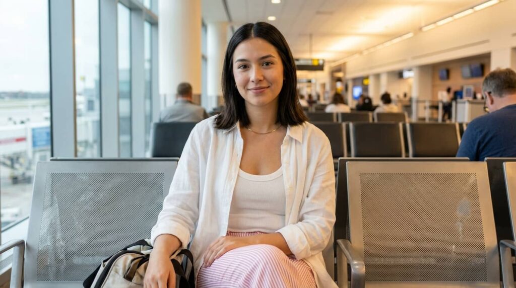 White Shirt + Striped Pants Travel Look