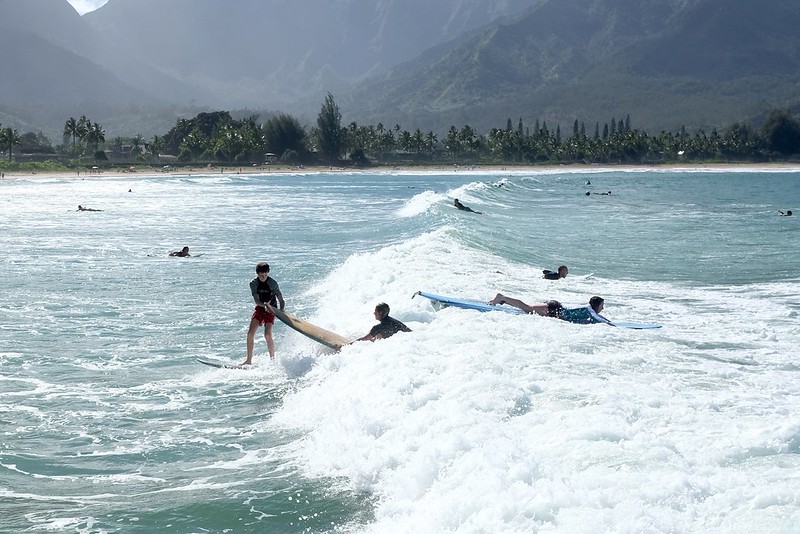 Surfers in Hanalei Bay