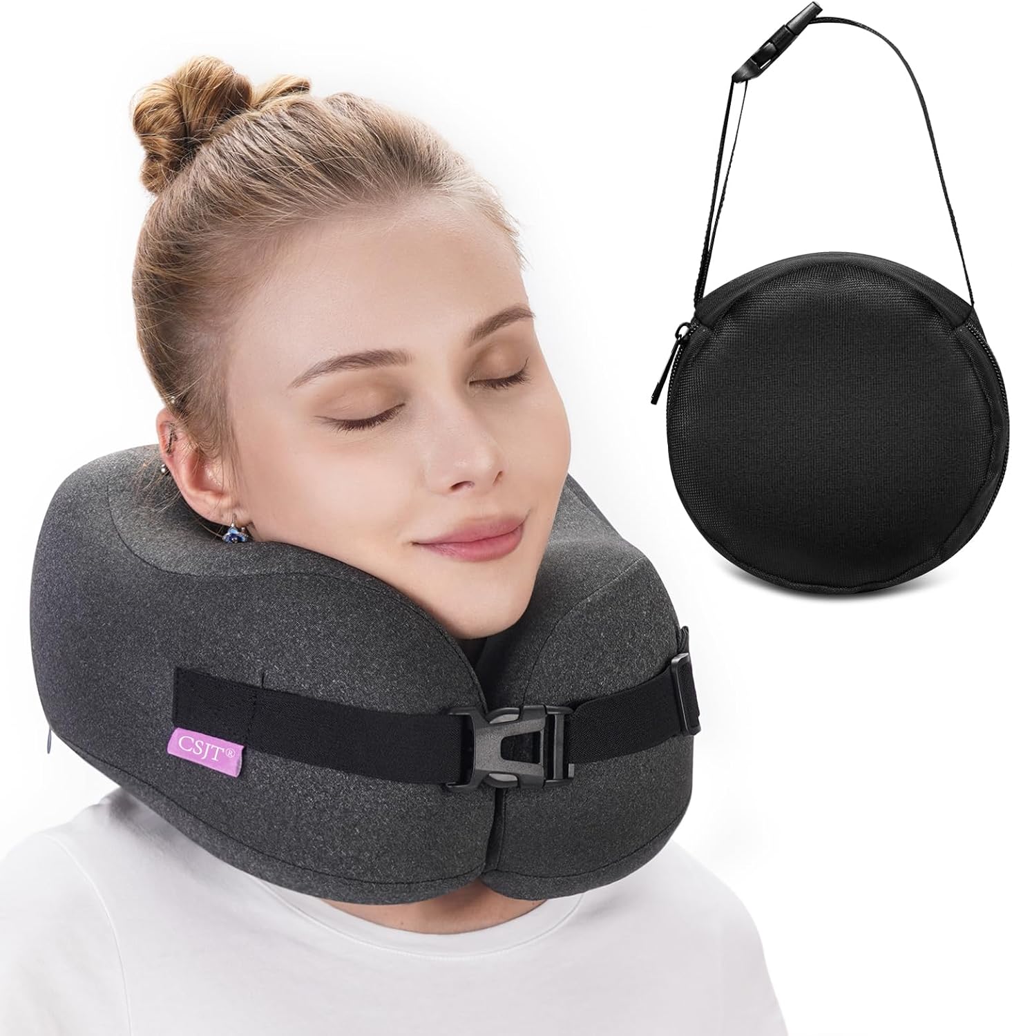 CSJT Travel Pillow Compressed Memory Foam Neck Pillow for Airplanes