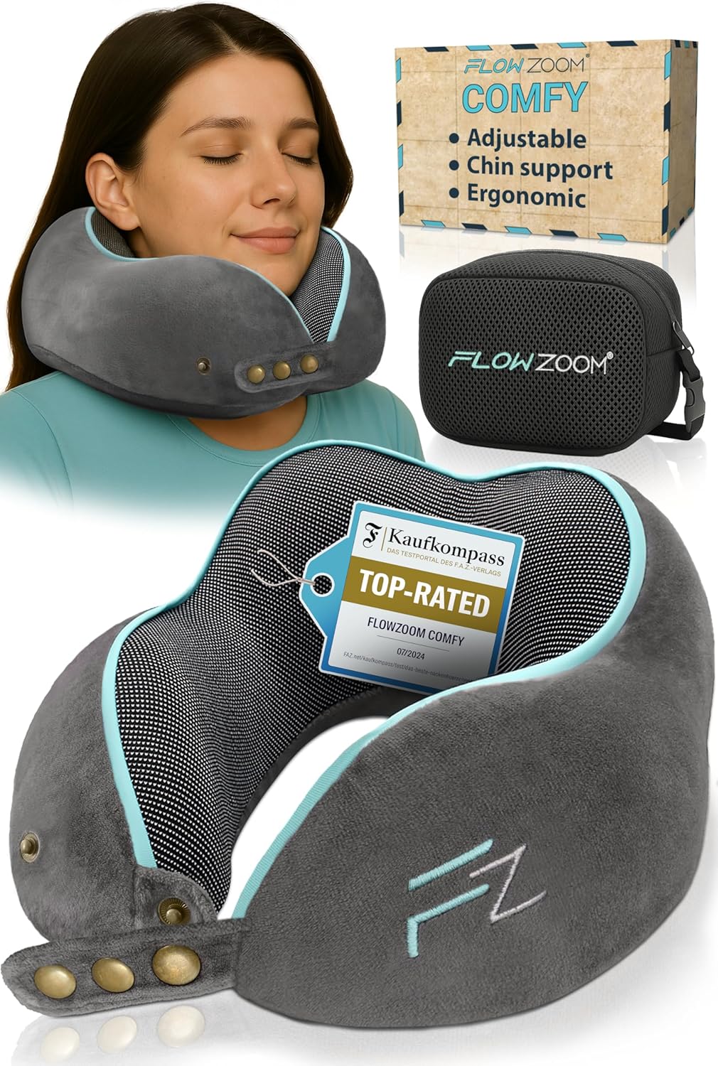 FLOWZOOM Travel Memory Foam Neck Pillow for Airplane & Car