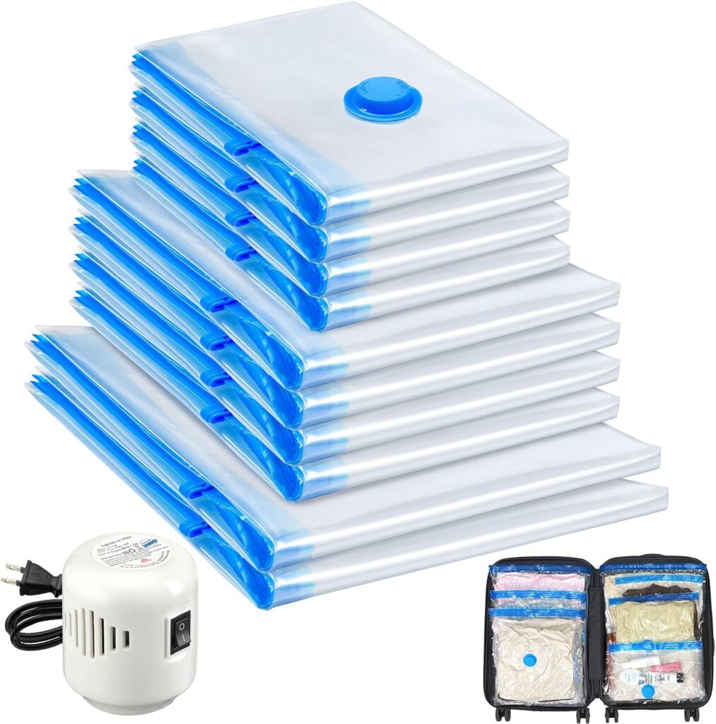 HATISAN 10 PACK TRAVEL VACUUM STORAGE BAGS – COMPACT ELECTRIC PUMP