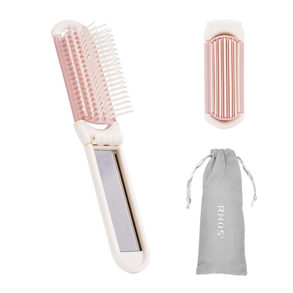 RHOS Folding Brush with Mirror (Beige) – Best Dual-Function Brush