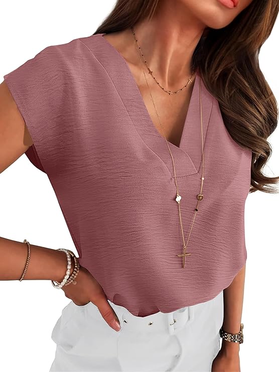 ANRABESS Women's Tops Cap Sleeve Dressy Casual V-Neck Shirts