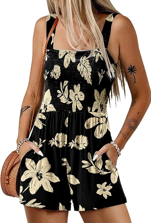 Dokotoo Women's Summer Casual Smocked Rompers Square Neck