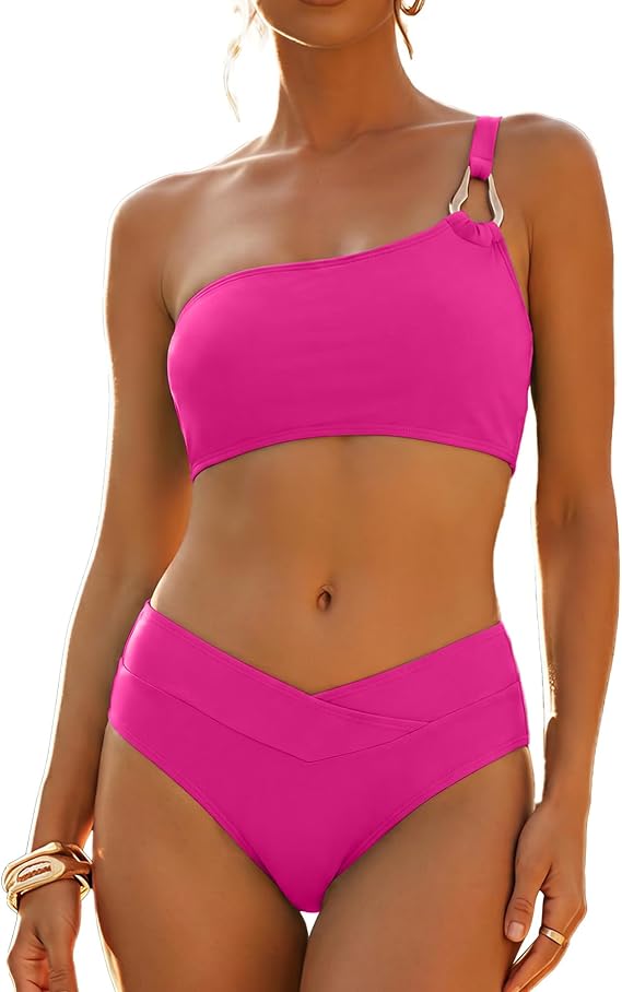 Women's High-Waisted Bikini Sets One-Shoulder 2-Piece Swimsuit
